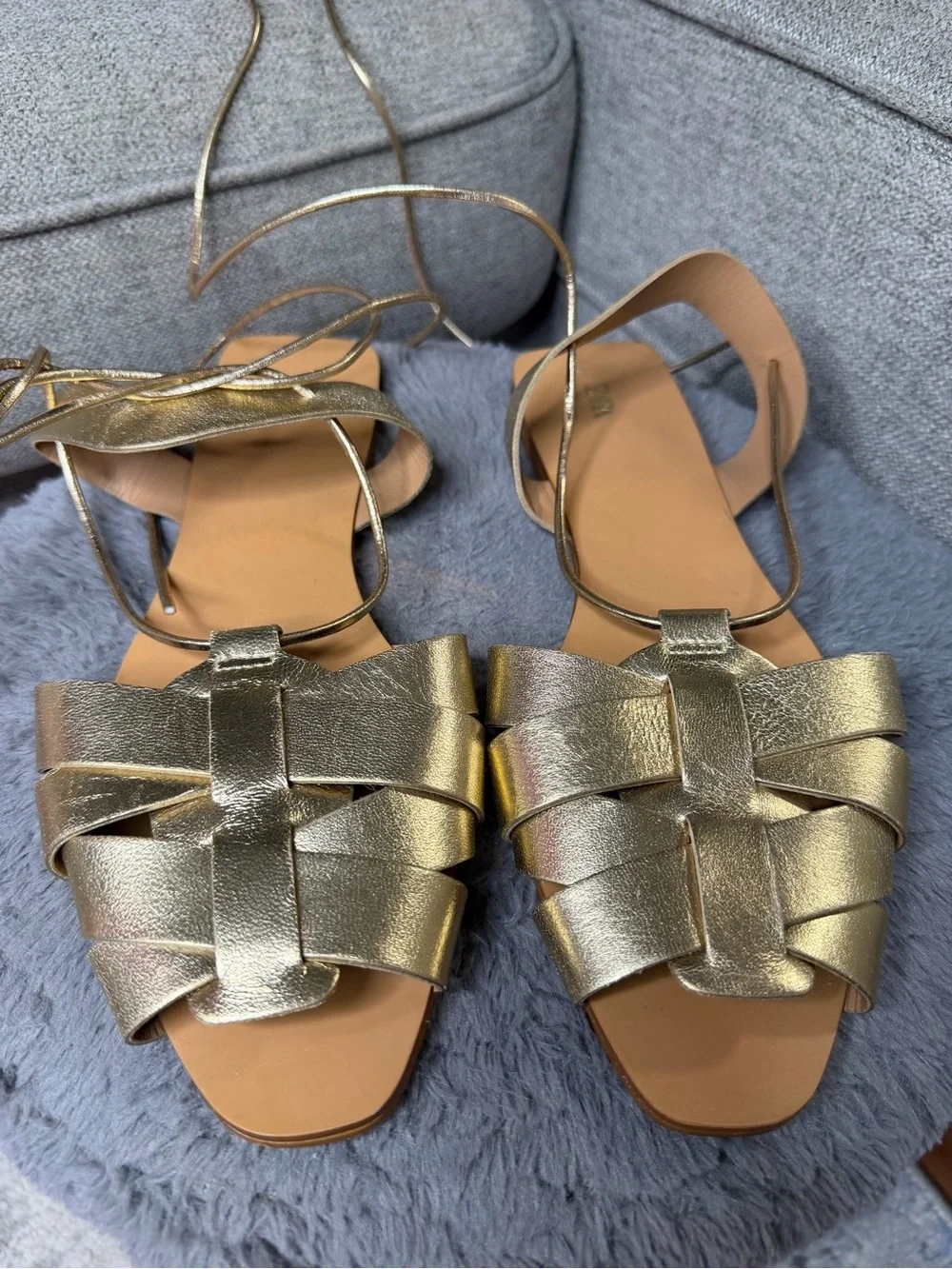 SOLD Zara Gold Metallic Lace-Up Gladiator Flat Sandals Women’s EU 39 US 8 ✨ - Picture 3 of 5